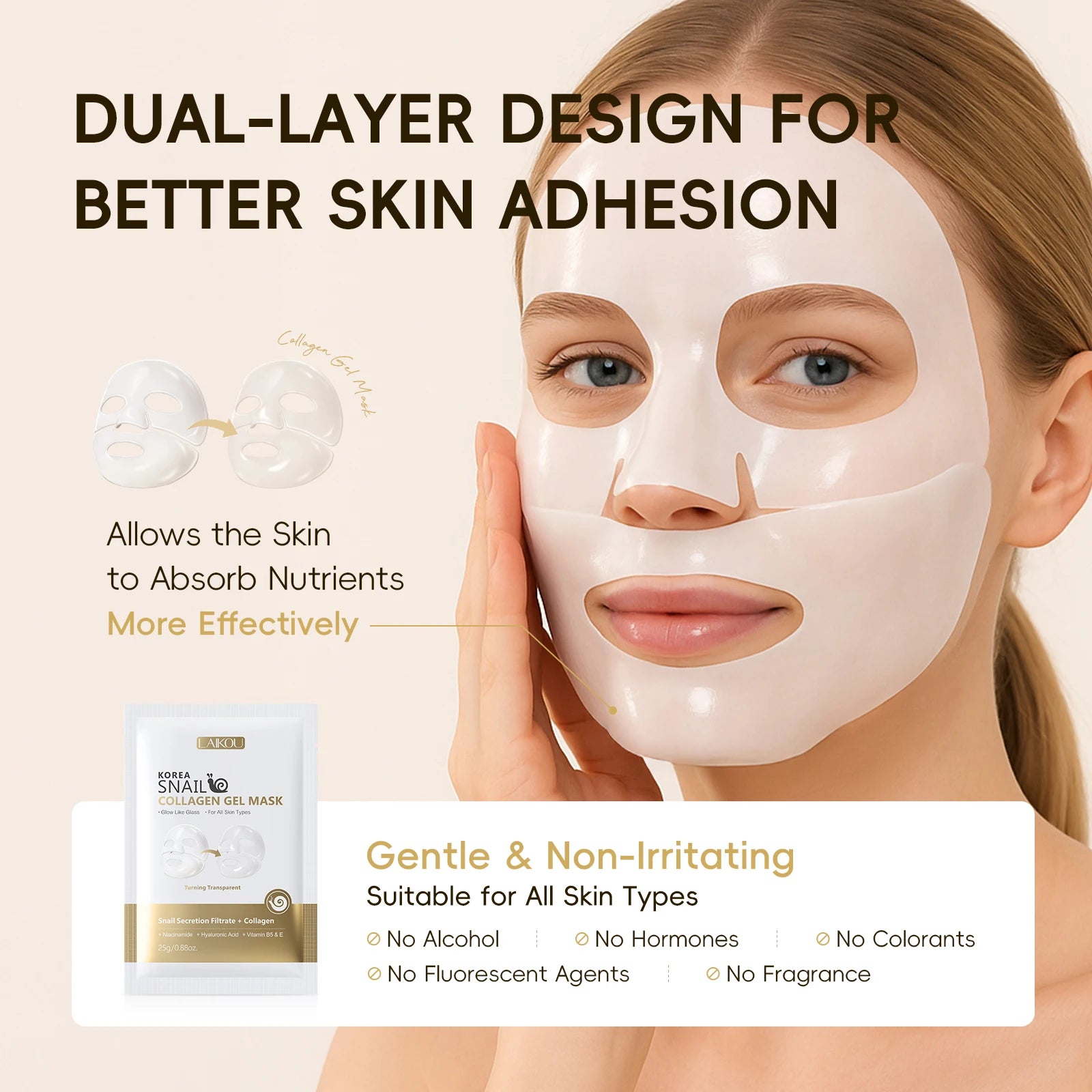 LAIKOU Korea Schnecken-Kollagen-Essenz-Maske, feuchtigkeitsspendende Tuchmaske, Anti-Falten-Gesichtsmaske, straffende Hautpflege, 25g*20 Stück