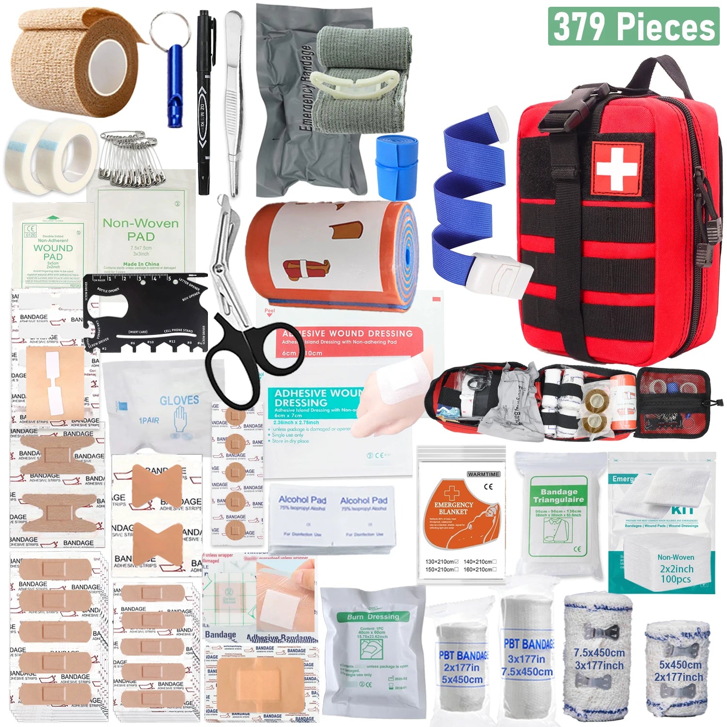 379-teiliges Erste-Hilfe-Set für Zuhause und Büro, tragbare Notfalltasche, rotes Survival-Handgepäck für Outdoor-Aktivitäten, Camping, Jagd, Wandern