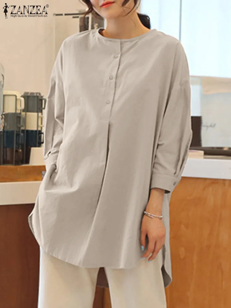 ZANZEA Mode Herbst Langarm Bluse Damen Weites Hemd Elegant Einfarbig OL Arbeitsplatten Lässig Locker Urlaub Arbeit Blusen Damen