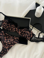 Französisches Unterwäsche-Set Leopard Sexy Stahlring-Spitze Triangel-BH-Slip-Anzüge Vintage Fashion Push-Up-Dessous Ins Bodycon