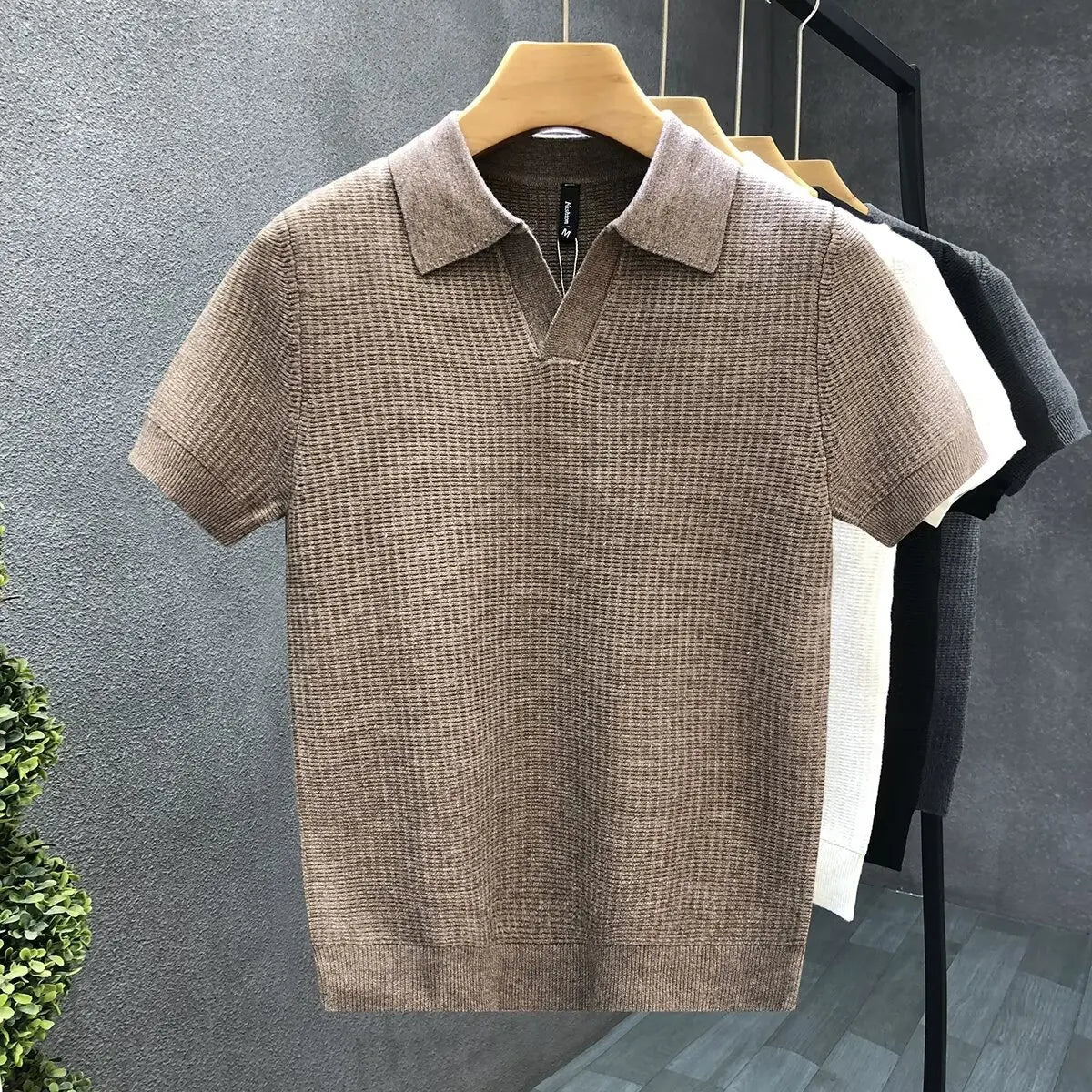 2026 Herren Sommer Poloshirt Koreanischer Stil Slim Fit Knitterarm Kragen Unifarben T-Shirts Freizeit Dünne Ärmel Trendige Strickoberteile