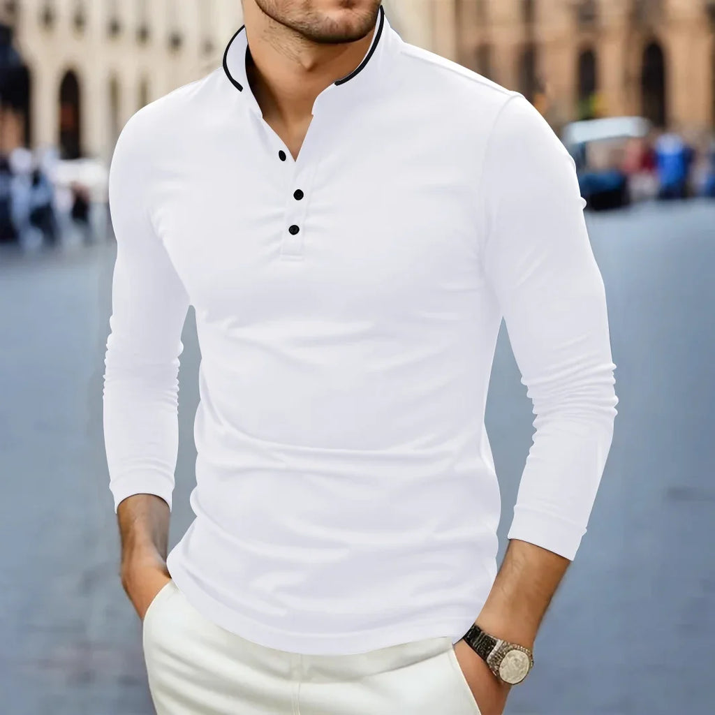 Herren T-Shirt mit Stehkragen, langärmelig, einfarbig, lässig und modisch, vielseitig und bequem, Sommer 2025