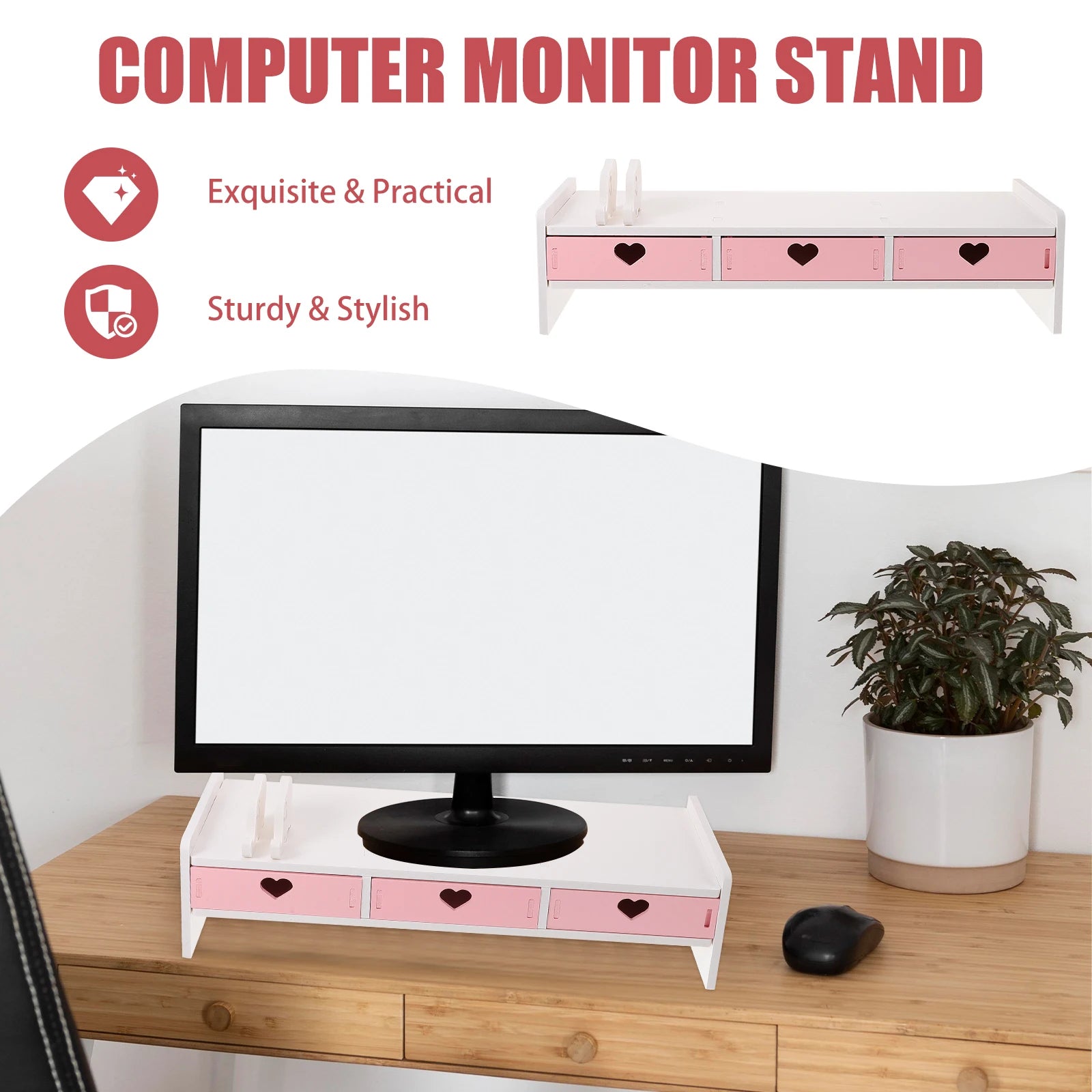 White Pink Computer Heightened Shelf Stand Lapdesk with Drawer Computer Desktop Organizer Office Riser Monitor Bracket Stand