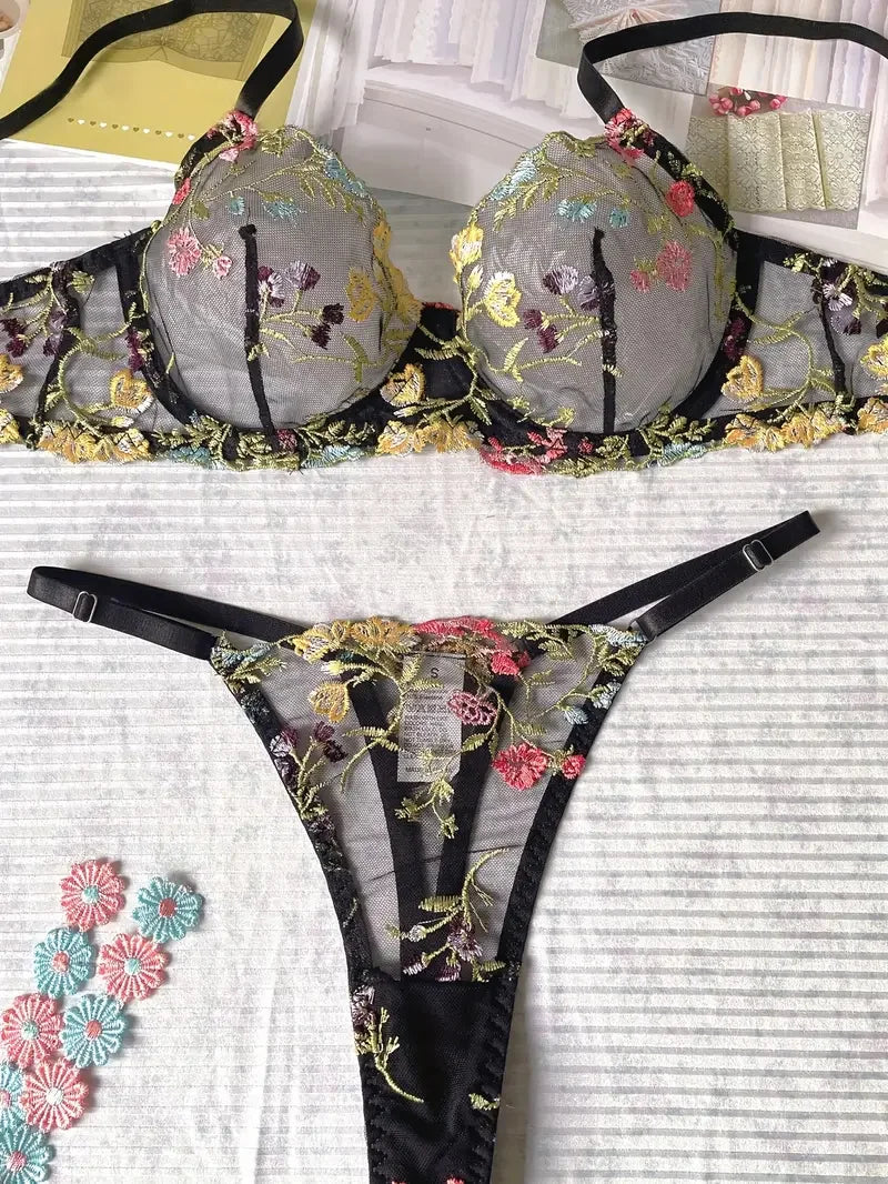 Yimunancy Blumenstickerei Dessous-Set Damen transparentes 2-teiliges Boho-BH + Höschen Unterwäsche-Set Intimates