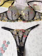 Yimunancy Blumenstickerei Dessous-Set Damen transparentes 2-teiliges Boho-BH + Höschen Unterwäsche-Set Intimates