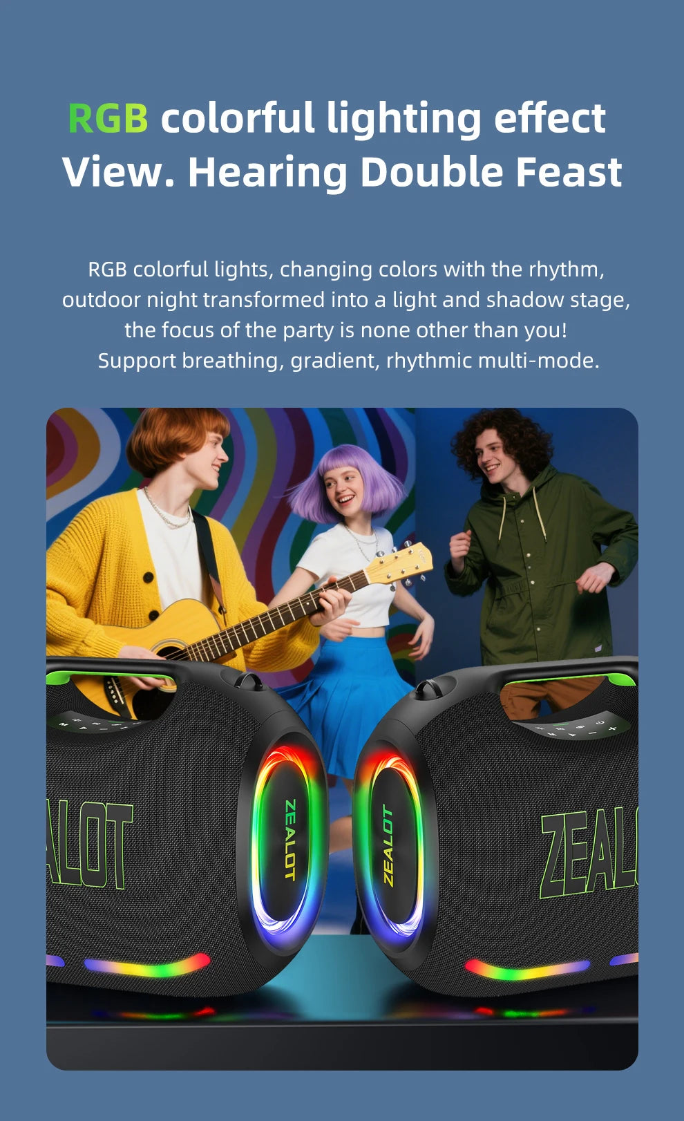 ZEALOT ZE21 250W kabelloser Lautsprecher, tragbar für Outdoor, 48000mAh lange Akkulaufzeit, mit RGB-Farblichtern, bis zu 18 Stunden Wiedergabezeit.