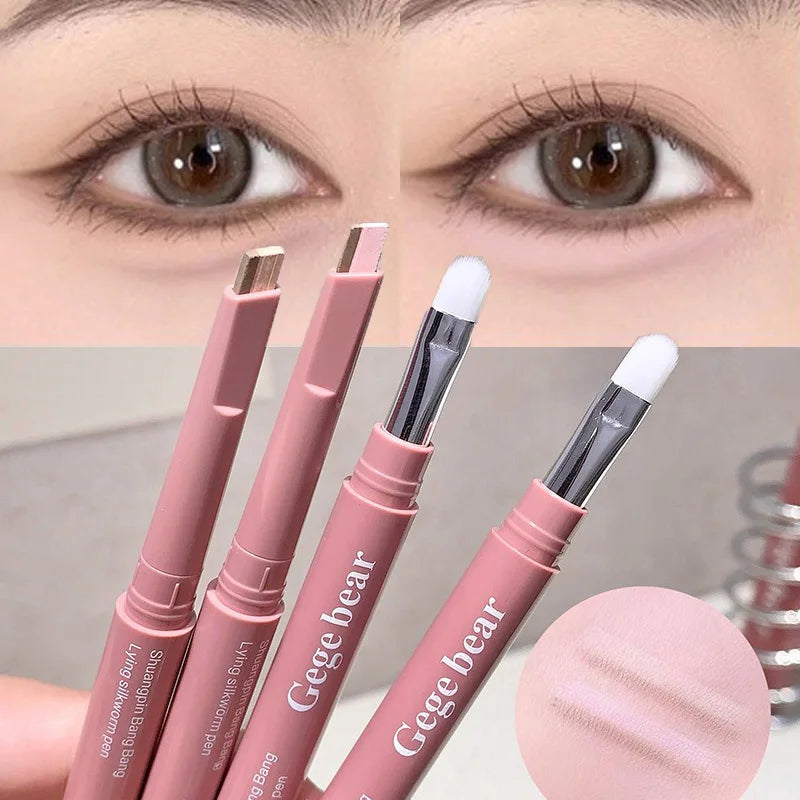 Doppelseitiger Lying Silkworm Stift 2-in-1 Highlighter Nude Unterlidkontur Aegyo-Sal Eyeliner Make-up-Stift mit Detailpinsel