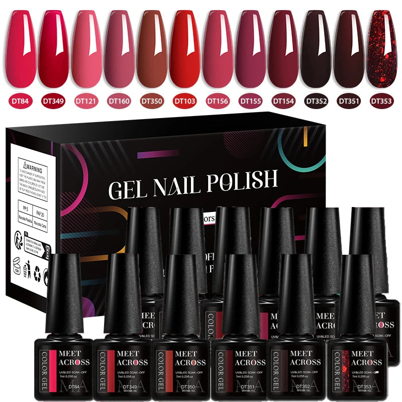 MEET ACROSS 12tlg/Set 7ml Macaron Gel Nagellack mit Box Semi-permanenter UV-Gel Soak Off Nail Art Kit Nagellack für Maniküre