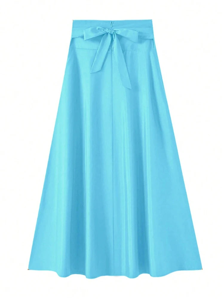 Neu eingetroffen: Kleider, einfarbige A-Linien-Röcke für Damen, Bekleidung, langer Rock mit hoher elastischer Taille für Damen mit Schleife, elegante Damenröcke