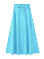 Neu eingetroffen: Kleider, einfarbige A-Linien-Röcke für Damen, Bekleidung, langer Rock mit hoher elastischer Taille für Damen mit Schleife, elegante Damenröcke
