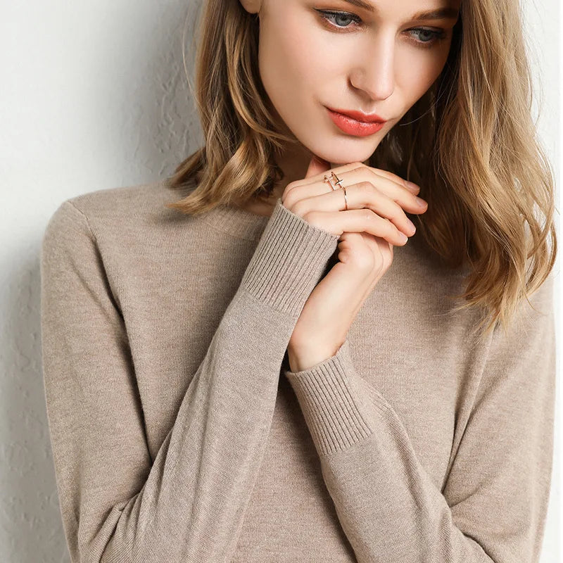 Damen Slim O-Neck Pullover Kaschmir-Wollmischung Pullover Herbst Und Winter Langarm Strick Unterhemd Große Größe 2024