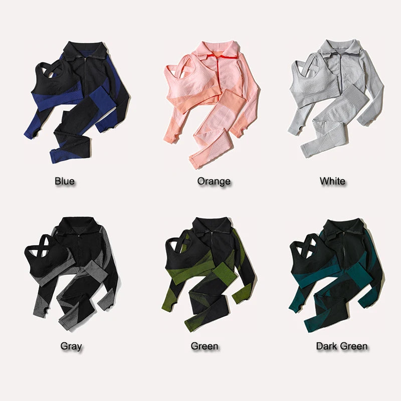 2/3tlg Damen Yoga Anzug Nahtlos Gestrickte Yogahose Leggings Kleidung Reißverschluss Langarm Crop Top Fitnesskleidung Sportbekleidung Gym Set