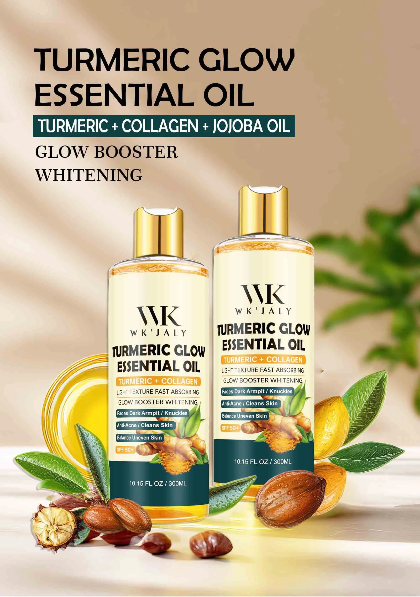 WK JALY Kurkuma Glow Essential Körperöl, feuchtigkeitsspendend, aufhellend, hellt dunkle Achseln und Fingerknöchel auf, gegen Akne, gleicht ungleichmäßige Haut aus