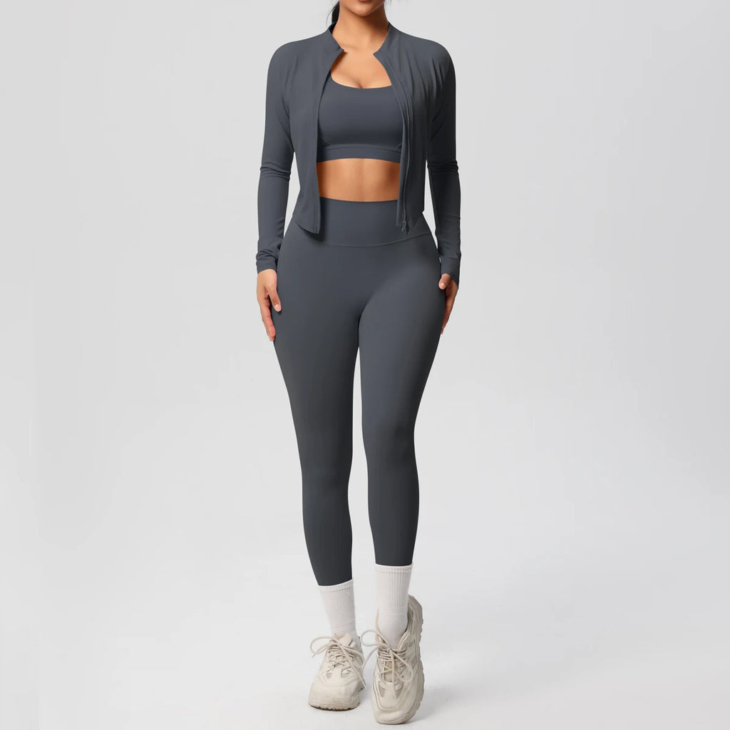 3-teiliges Sportbekleidung Yoga-Set Gym Sport-BH Reißverschlussjacke Leggings Kleidung Sportbekleidung Yoga-Anzüge für Damen Fitness-Set Trainingsanzug