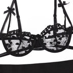 Spitzen-Dessous-Set 3-teilig Transparenter BH Strumpfhalter Halbcup Push-up Unterwäsche für Damen