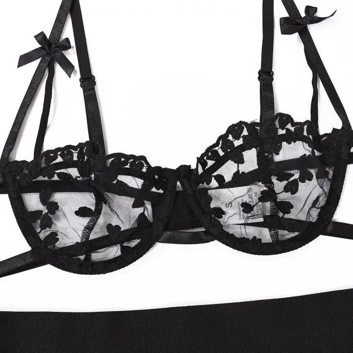 Spitzen-Dessous-Set 3-teilig Transparenter BH Strumpfhalter Halbcup Push-up Unterwäsche für Damen