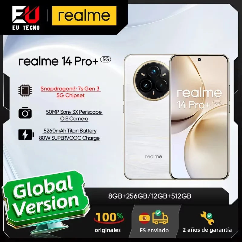Globale Version realme 14 Pro Plus 5G Smartphone Sony 3X Periskop OIS Kamera Snapdragon7s Gen 3 80W SUPERVOOC Ladung IP69 Hauptbild