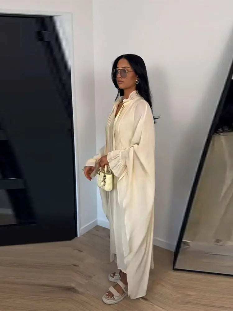 Maxikleid Damenkleider Fledermausärmel Beige Rüschen Bindekragen Plissiert Oversized Damenbekleidung Freizeitkleidung Sommer-Outfit