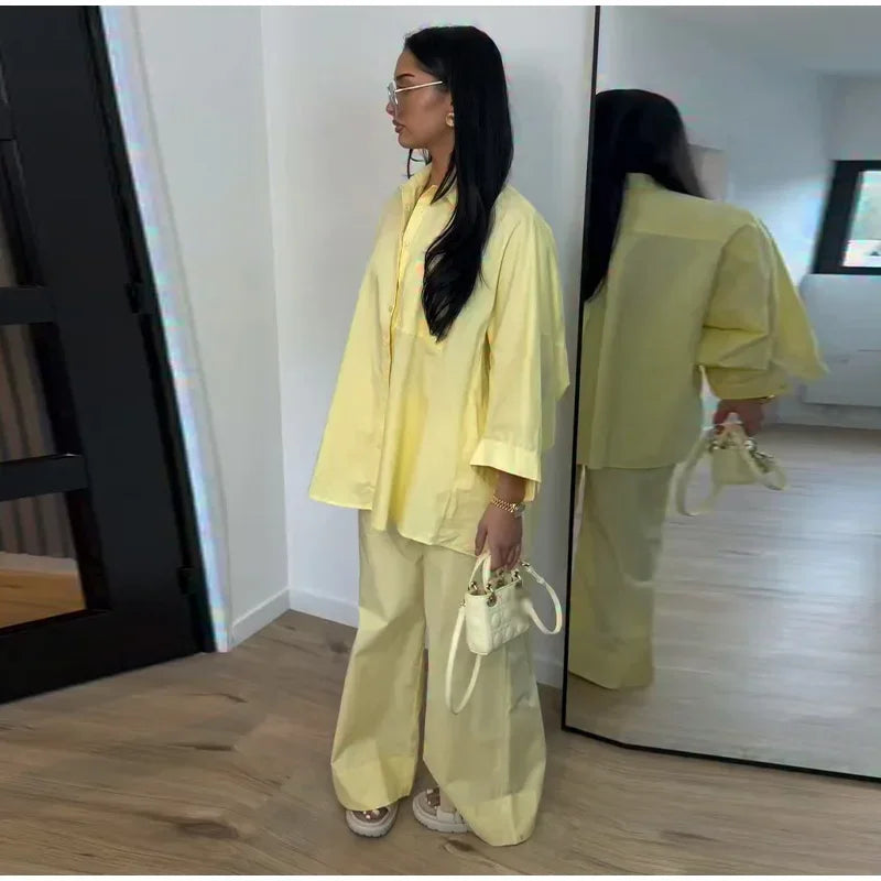 Damen Anzug mit Revers, langen Ärmeln, chic, einreihig, weites Bein, lange Hose, Sets 2026, lässiges, lockeres Outfit für den Alltag