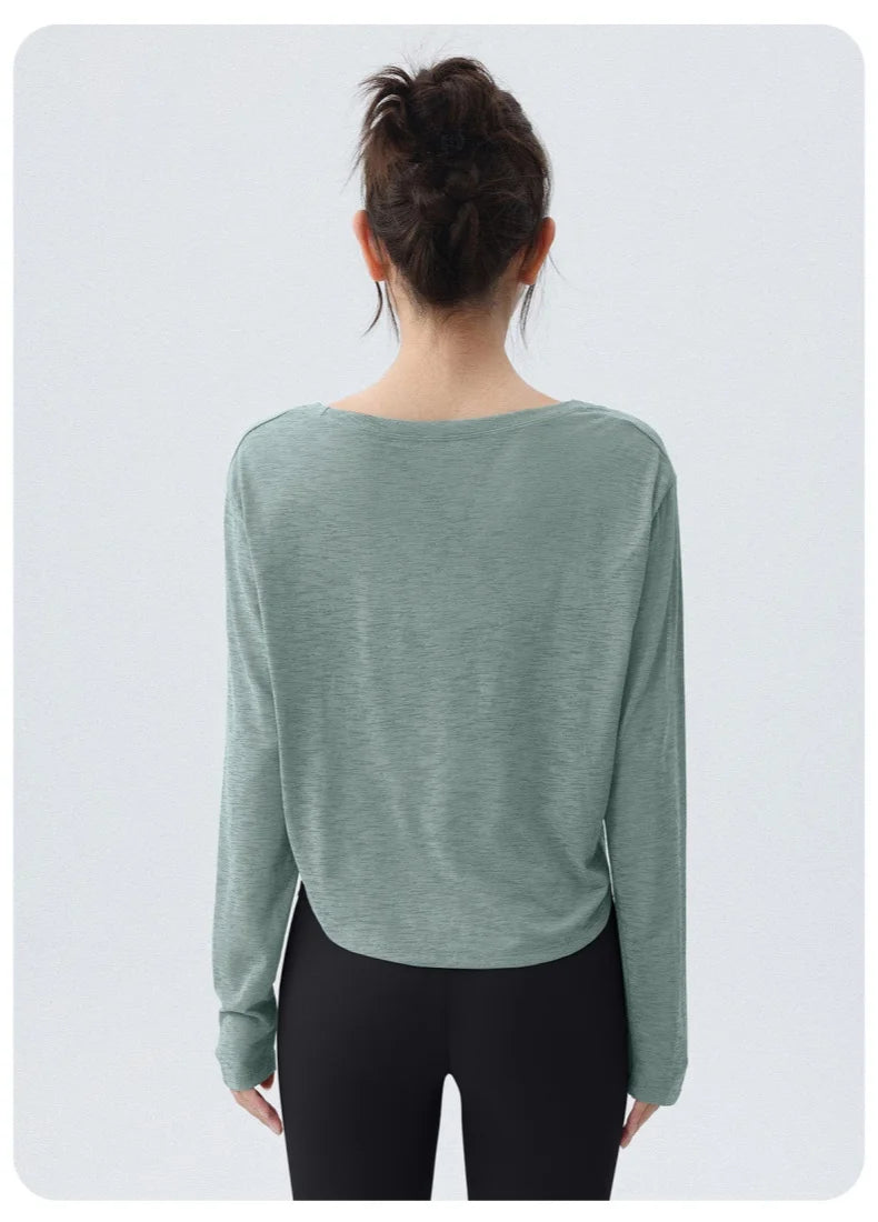 DRUR Damen Langarm Yoga T-Shirts, lockere Passform Sport Fitness Crop Tops lässig leichtes dünnes Shirt für Fitnessstudio Straße Reisen
