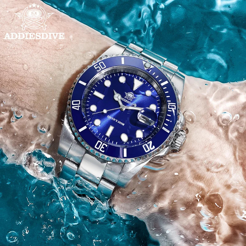 ADDIESDIVE Herren-Uhr klassisch mit Keramiklünette 200m wasserdicht Freizeit Quarz-Uhr BGW9 Blaue Leuchtzeiger Geschenk-Uhr MY-H3-2