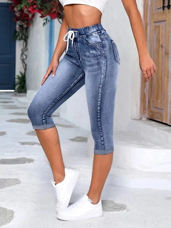 Jeans Damen Wadenlange Hose Denim Passform Hohe Taille Kordelzug Taschen Vintage Bleistifthose 2026 Streetwear Denims