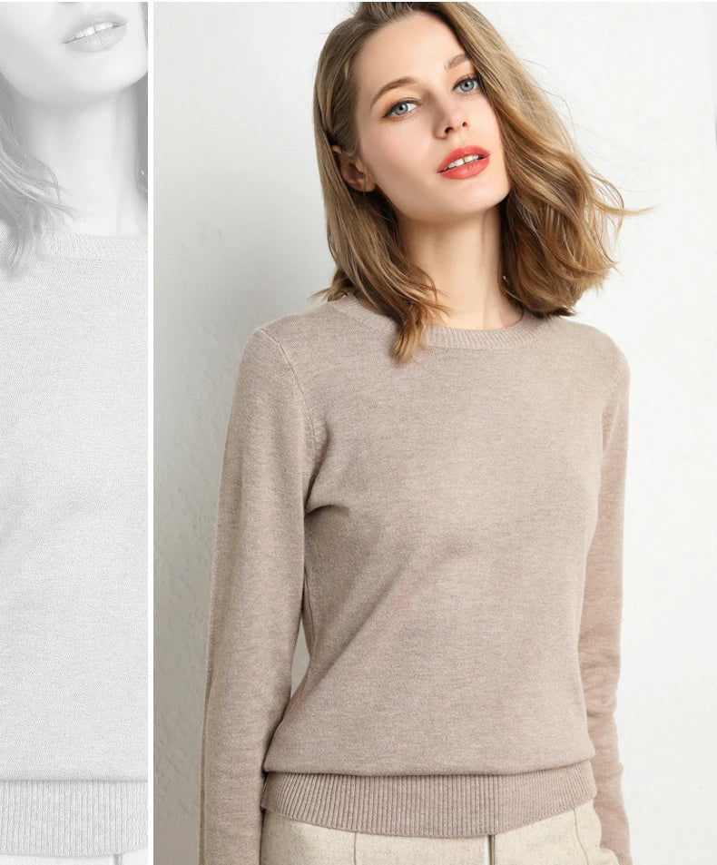 Damen Slim O-Neck Pullover Kaschmir-Wollmischung Pullover Herbst Und Winter Langarm Strick Unterhemd Große Größe 2024