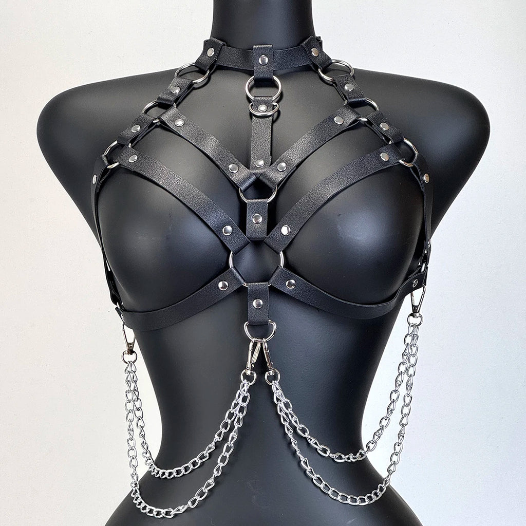 Women Fashion Belt Female Street Style Harness Adjustable Chest Belt with Chain Leather Waistband Gothic Clothing Accessories
