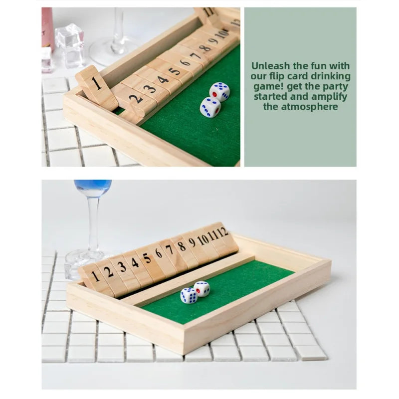 Hölzernes Shut the Box Würfelbrettspiel Klassische Tischversion mit 12 Zahlen, Kneipenstil, traditionelles Familien-Partyspiel für drinnen