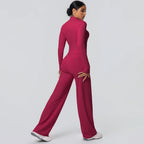 2-teiliges schnelltrocknendes Sport-Fitness-Bekleidung Yoga-Set Damen Yoga Reißverschluss Langarm High Waisted atmungsaktive weite Hose Set