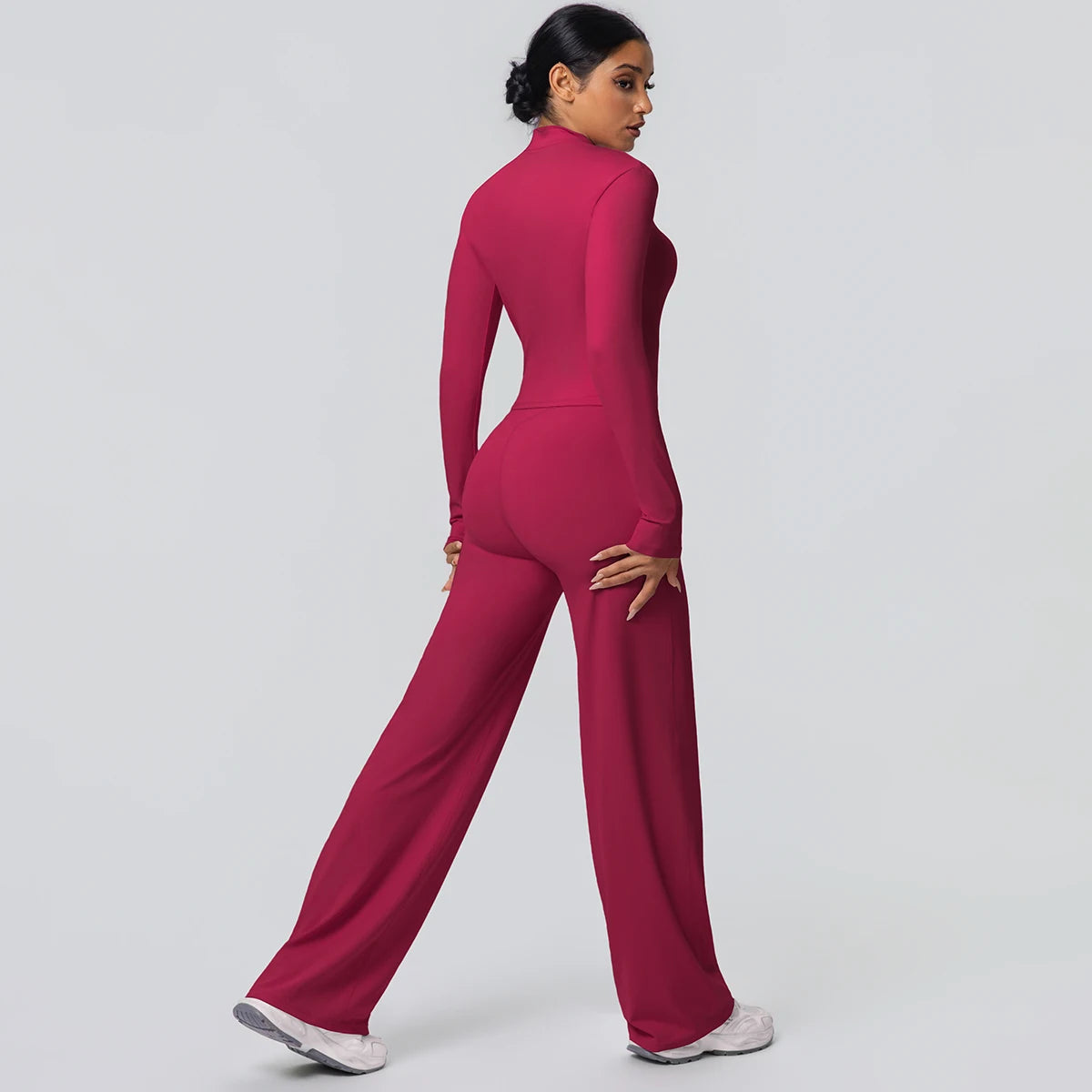 2-teiliges schnelltrocknendes Sport-Fitness-Bekleidung Yoga-Set Damen Yoga Reißverschluss Langarm High Waisted atmungsaktive weite Hose Set