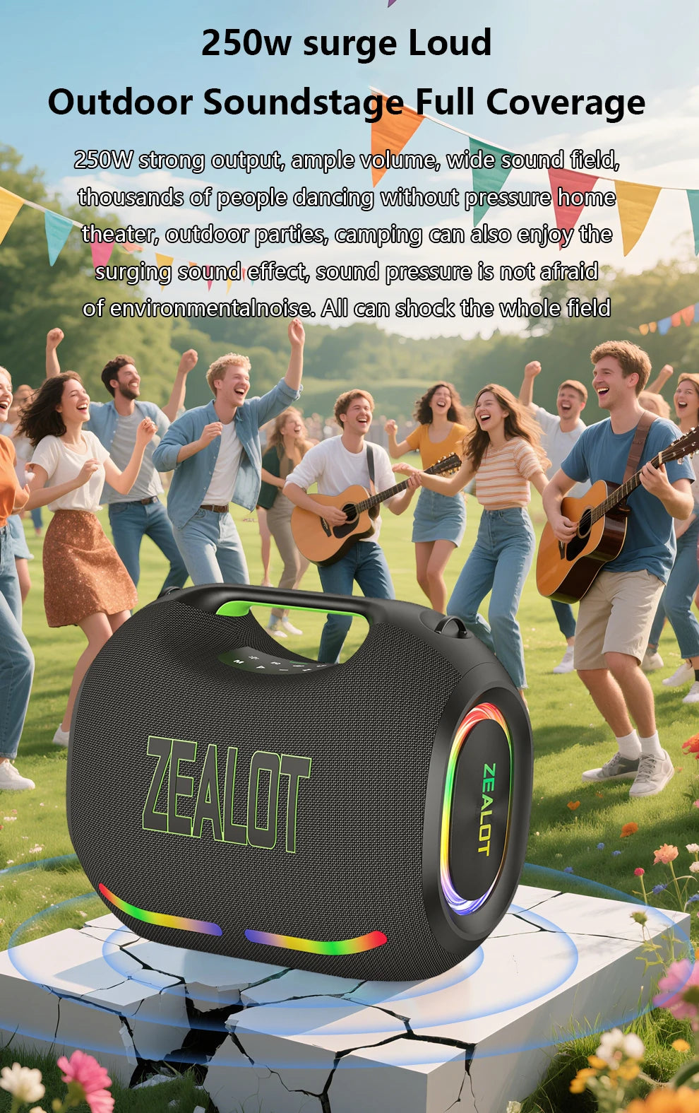 ZEALOT ZE21 250W kabelloser Lautsprecher, tragbar für Outdoor, 48000mAh lange Akkulaufzeit, mit RGB-Farblichtern, bis zu 18 Stunden Wiedergabezeit.