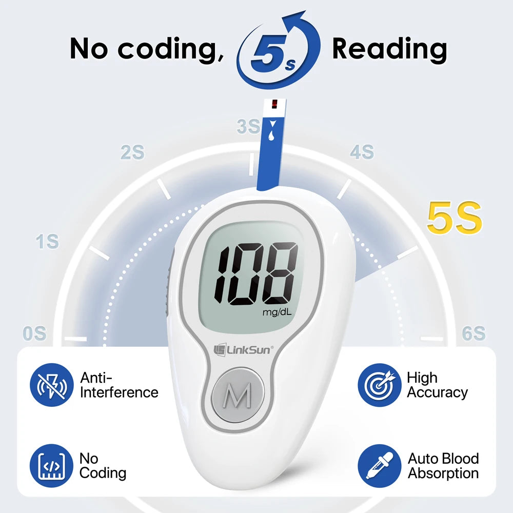 LinkSun Blutzuckermessgerät G-425-3 Glukometer ohne Codierung für Diabetestest 10/50/100 Teststreifen Lanzetten Medizinischer Blutzucker mg/mmol