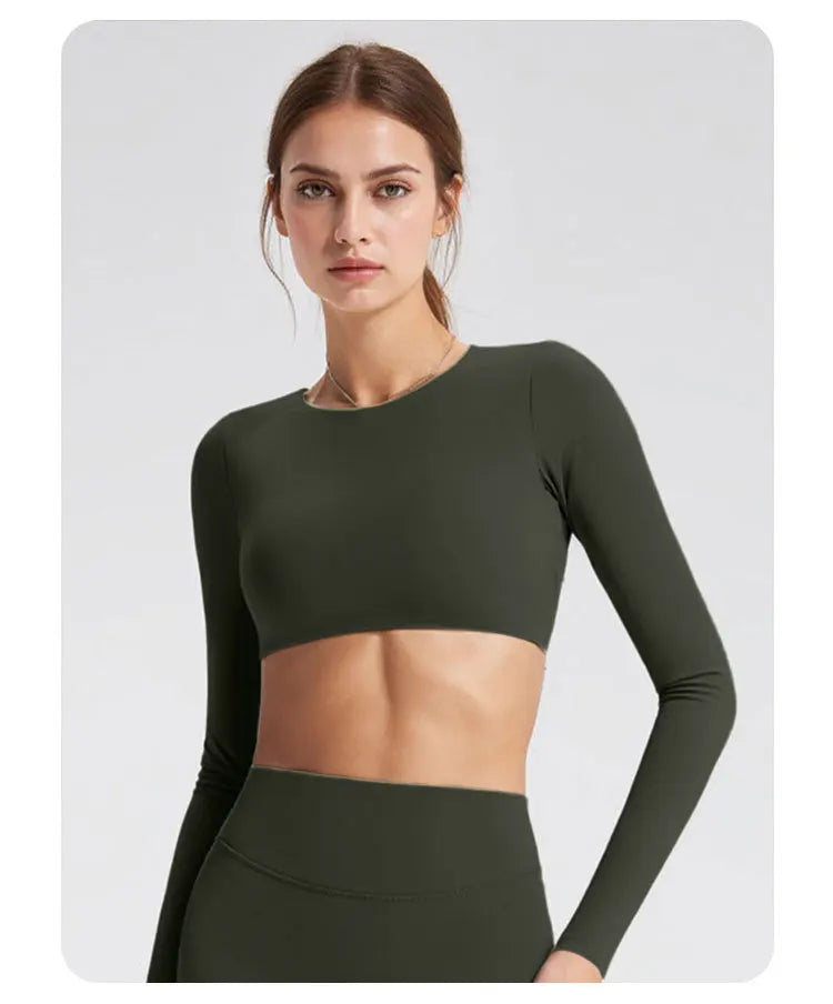 NCLAGEN Sport-Oberteile Gym Damen Fitness T-Shirt Langarm Offener Rücken Pilates Yoga Gepolstertes Crop Top Laufen Workout Fitness Bluse