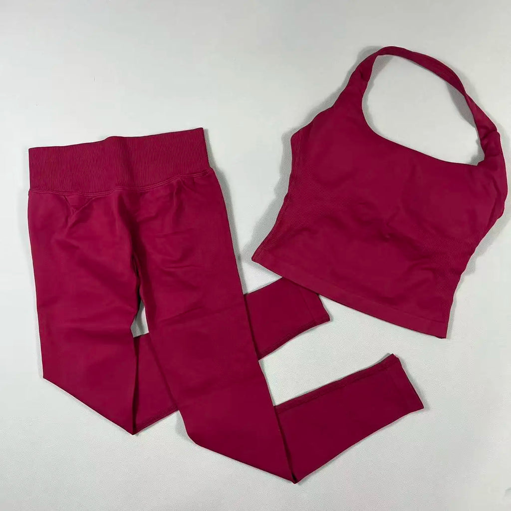 OHNE LOGO Yoga-Outfit Sport-Impact-Gym-Set Neckholder-Oberteil und Leggings-Hosen-Sets Rückenloses Neckholder-Design Hochelastische Sportbekleidung