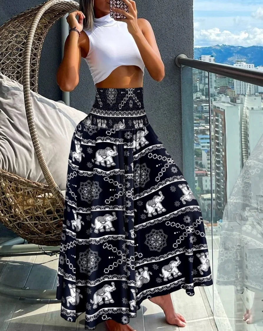 Mode Baumwolle Damen Blumenmuster Rock Seitliche Krawatte Strandröcke Sommer High Waist Wickel Blumen Langer Rock