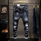 American Elastic Straight Jeans Men Ripped Worn-out Slim-fit Cotton Denim Pants Korean Style Fashion Blue Black Men's Clothing
