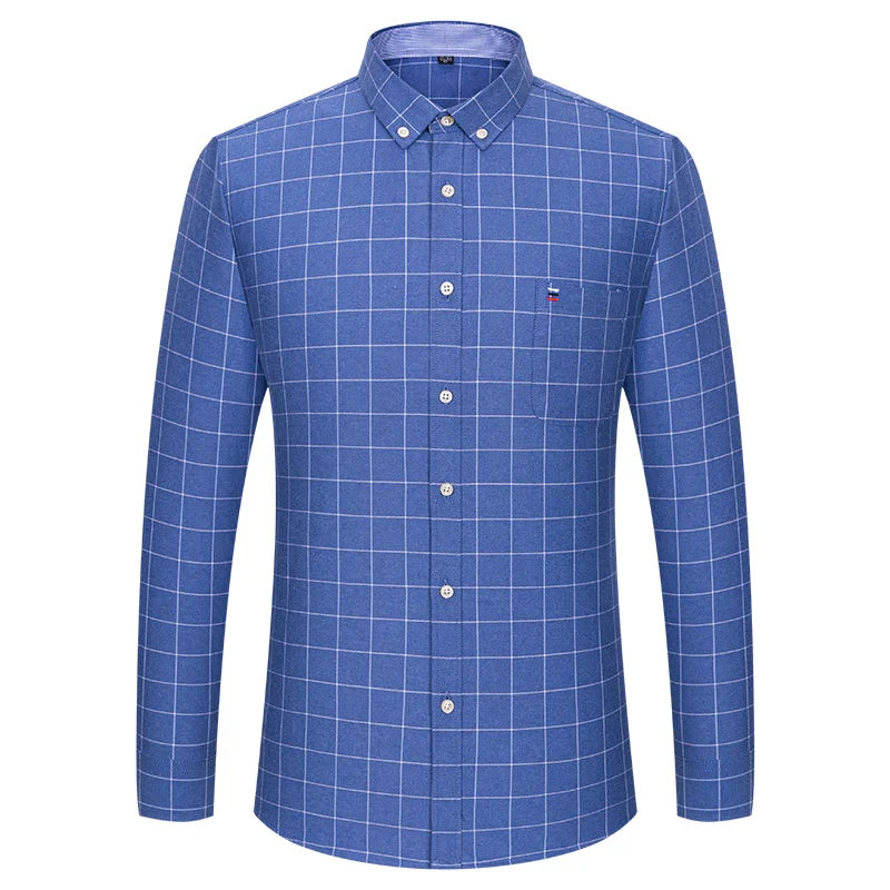 100 % Baumwolle Oxford Herrenhemden Langarm Kariert Weich Regular Fit Festliches Hemd Tasche Sozial Bluse Herrenkleidung S-7XL
