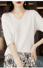 Damen Pullover Frühling Sommer Kurzarm V-Ausschnitt Strickshirt Lässige koreanische Pullover Gestreiftes Unterziehshirt Slim Fit Pullover