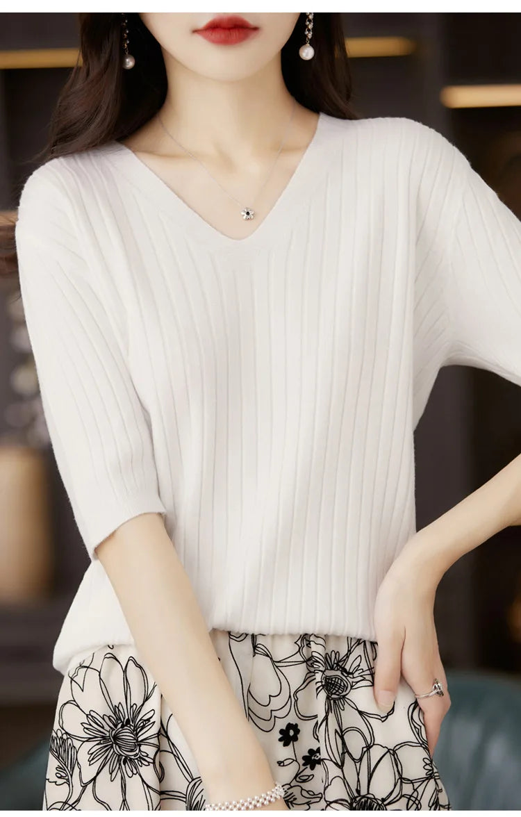 Damen Pullover Frühling Sommer Kurzarm V-Ausschnitt Strickshirt Lässige koreanische Pullover Gestreiftes Unterziehshirt Slim Fit Pullover