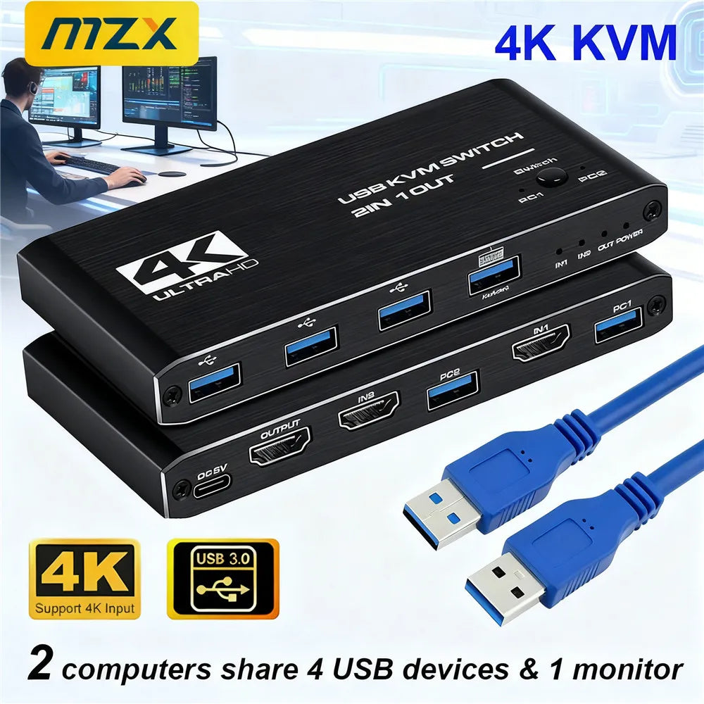KVM Switch 4K 60Hz Umschalter USB 3.0 Hub Dockingstation Splitter Dock 2 Computer Tastatur Maus Drucker PC Zubehör teilen