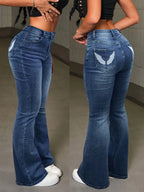 Y2K Lässige Stretchy High Waist Jeans mit Flügel-Stickerei und ausgestelltem Bein Sexy Retro Taschen Skinny Fitted Festival Jeans für Damen