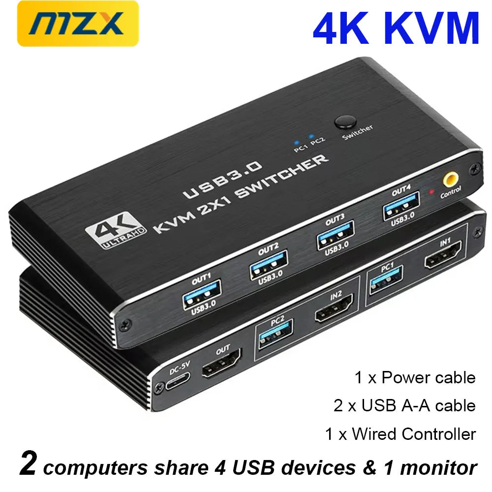 MZX KVM Switch Switcher 4K 60Hz HD4K 2.0 Splitter USB 3.0 Hub Docking Station Dock 2 Computers PC Sharing Keyboard Mouse Printer