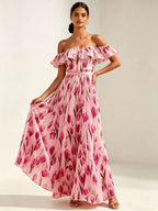2026 Sommer schulterfreies Kleid mit Tulpenprint in großen Größen, schlankmachend, mit eckigem Ausschnitt und Maxilänge