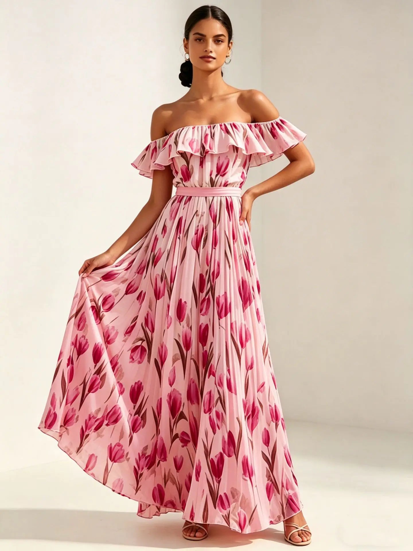 2026 Sommer schulterfreies Kleid mit Tulpenprint in großen Größen, schlankmachend, mit eckigem Ausschnitt und Maxilänge