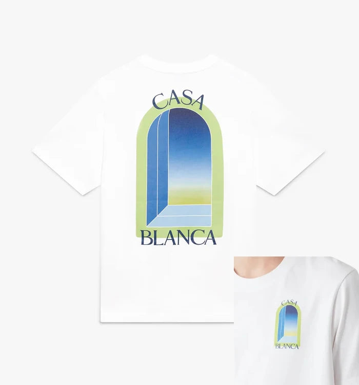 Hochwertiges weißes T-Shirt mit Arch-Print, Kurzarm, lässiger Rundhals, Sommer, Grafikmuster, lockere Passform für Männer und Frauen