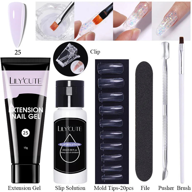 LILYCUTE 15ml Verlängerungsgel-Nagellack-Set Quick Nail Prolong mit Verlängerungsform-Nagelspitzen Acryl-Lösung Maniküre-Werkzeug-Kit