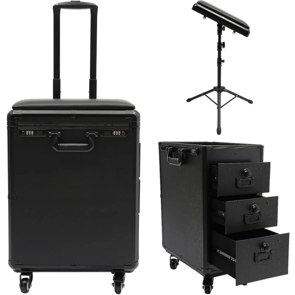 Rollender Make-up-Trolley mit Tattoo-Armlehnenständer, Beauty-Trolley mit 3 Schubladen, 4 Universalrädern und Zahlenschloss