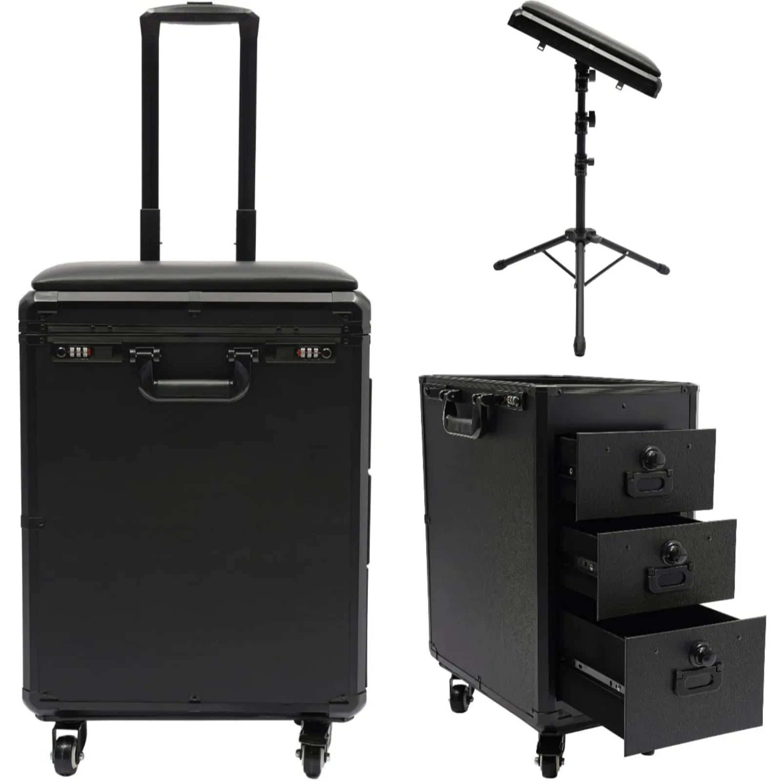 Rollender Make-up-Trolley mit Tattoo-Armlehnenständer, Beauty-Trolley mit 3 Schubladen, 4 Universalrädern und Zahlenschloss