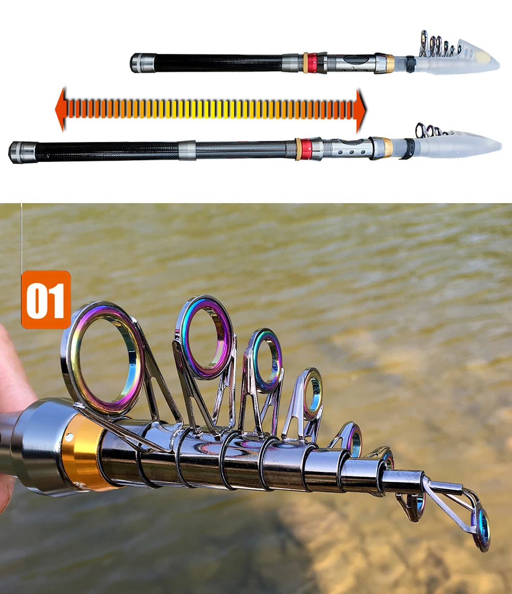 1.8-3.6m Kohlefaser Angelrute und Rollen-Set, superharte Teleskop-Angelrute, Spinnrollen-Set, max. Widerstand 3-8kg Pesca